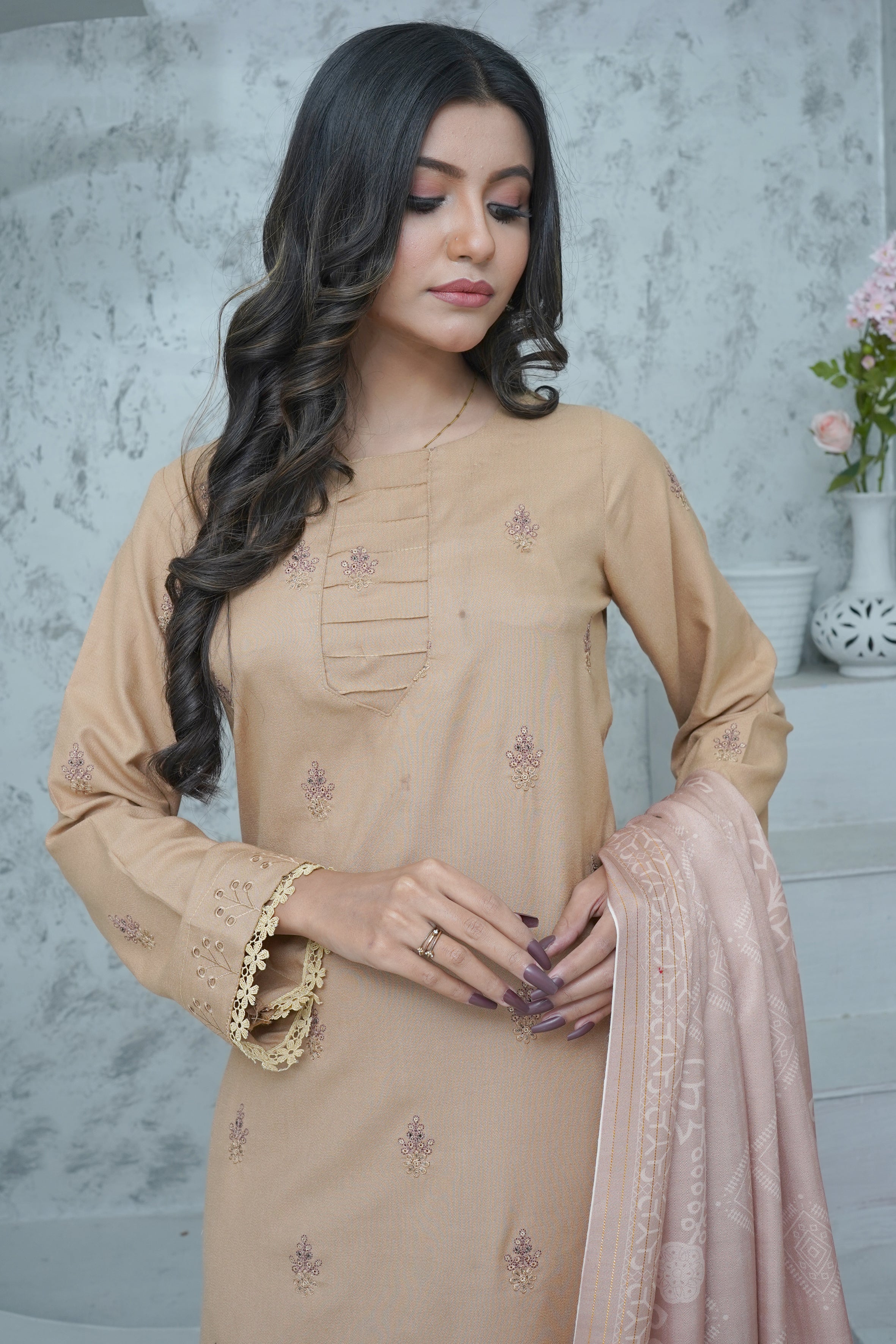 BAKHIYA - 3PC DHANAK EMBROIDERED LASER CUTTING SHIRT WITH PASHMINA SHAWL AND TROUSER - RB11110