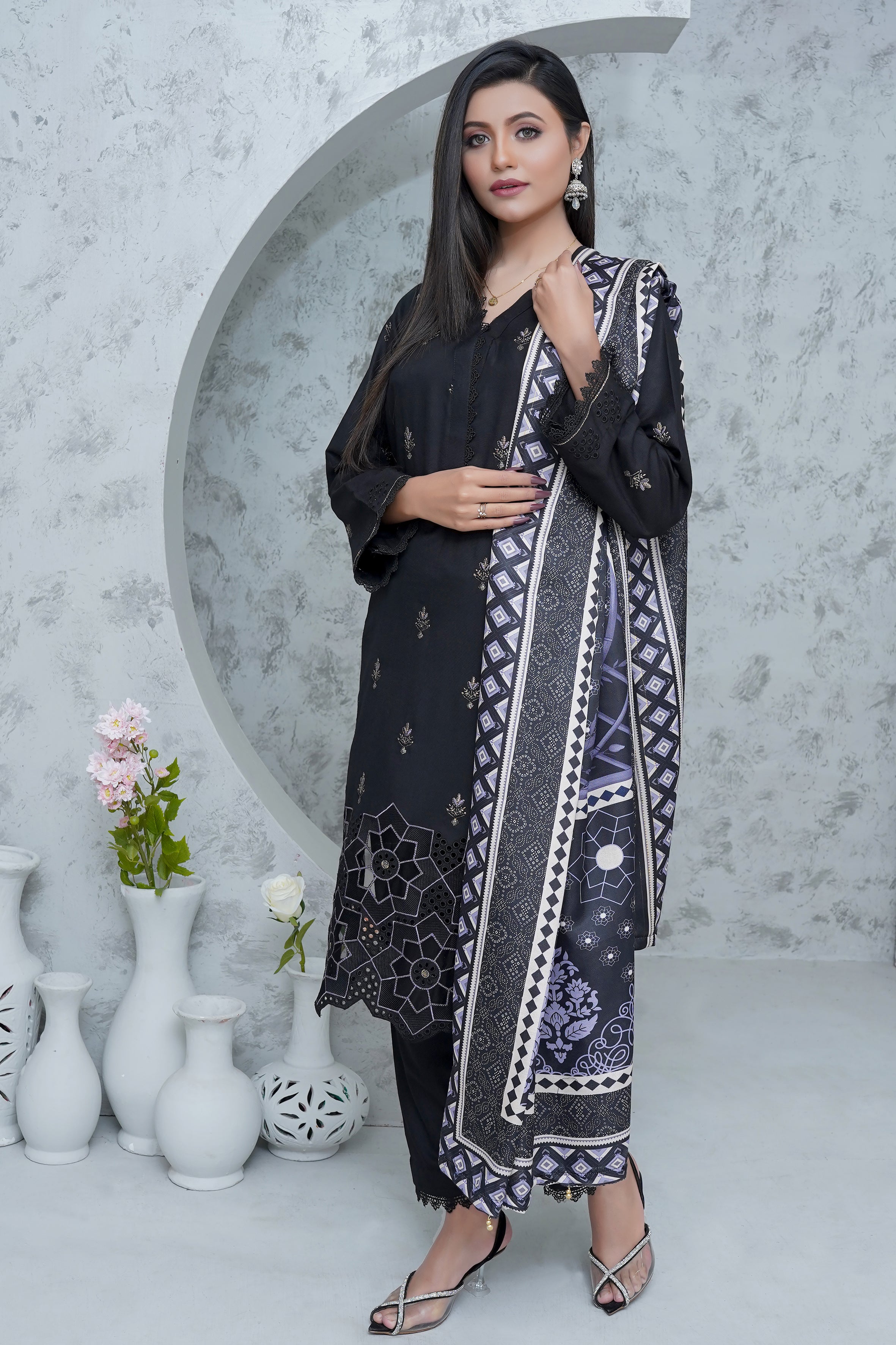 BAKHIYA - 3PC DHANAK EMBROIDERED LASER CUTTING SHIRT WITH PASHMINA SHAWL AND TROUSER - RB11107