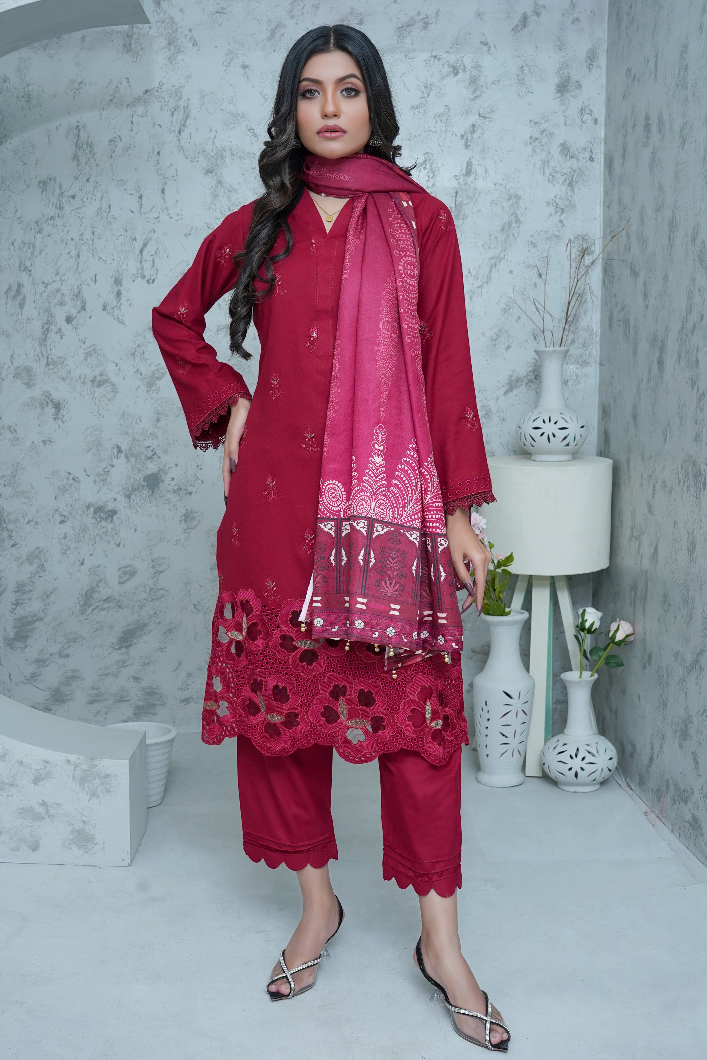 BAKHIYA - 3PC DHANAK EMBROIDERED LASER CUTTING SHIRT WITH PASHMINA SHAWL AND TROUSER - RB11111